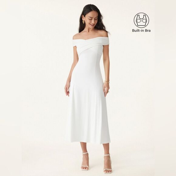 New OGL Eco-SkinKiss® Flowy Criss Cross Off-shoulder Midi Brami Dress Rose Mauve - Picture 10 of 15